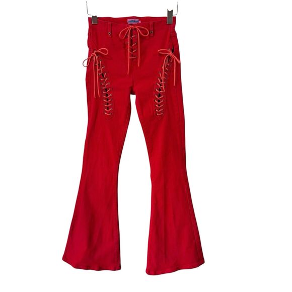 Edikted Lace Up Fire Engine Red Flare Hot Pants Jeans Medium Festival Boho GUC - Picture 1 of 12